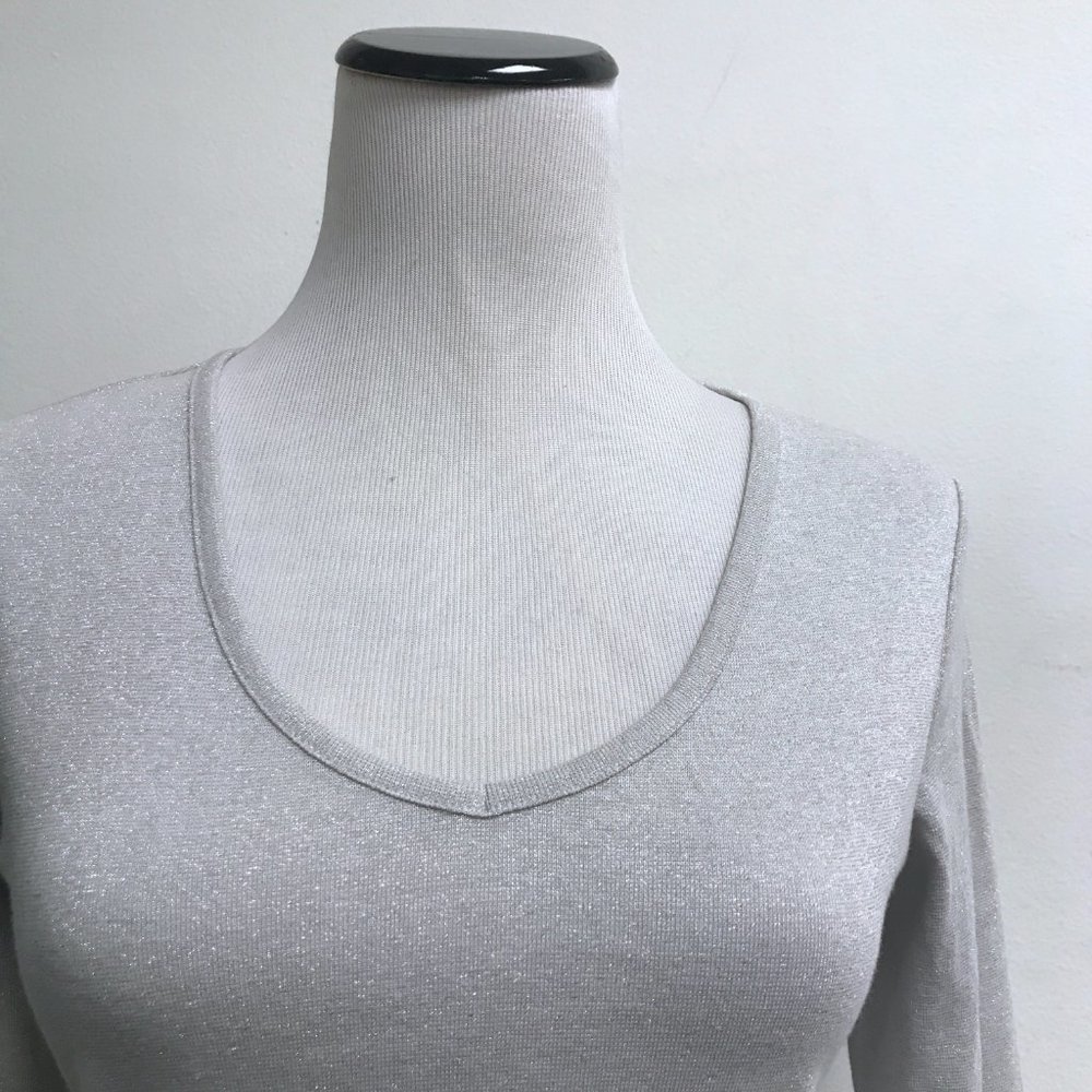 Adidas silver metallic logo long sleeve v neck top S NWT scoop neck - Picture 3 of 7